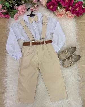 Conjunto Meninos Miss Cherry Leo Suspensorio Palha - Bege