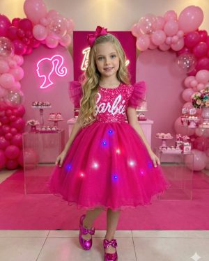 Vestido Ysa Kids Barbie Luxinho Pink Com led