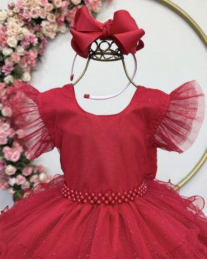 Vestido Infantil Vermelho Saia C/ Babados e Glitter Festas