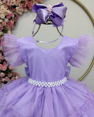 Vestido Infantil Lilás Saia C/ Babados e Glitter Festas
