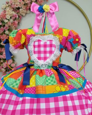 Vestido Infantil Junino Arraiá Caipira Xadrez Colorido Luxo