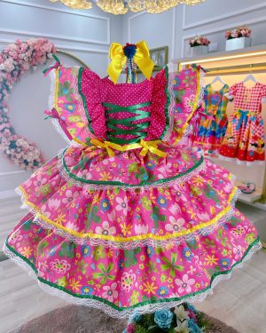 Vestido Infantil Junino Festa São João Caipira Pink Florido
