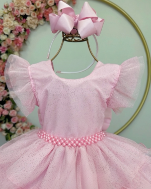 Vestido Infantil Rosa Claro Saia C/ Babados e Glitter Daminhas