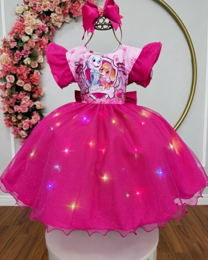 Vestido Infantil Patrulha Canina Skye Pink Saia C/ Leds Festas