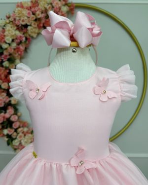 Vestido Infantil Rosa Claro Jardim Encantado c/Apliques Festas