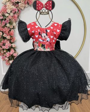 Vestido Infantil Preto da Minnie Saia C/ Glitter e Led Festas