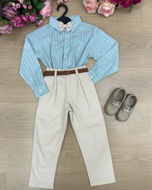 Conjunto Social Miss Cherry Henrique Verde Calça Bege
