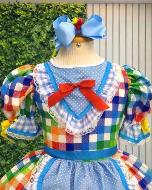 Vestido Infantil Junino Caipira Festas Xadrez Azul Colorido Festas