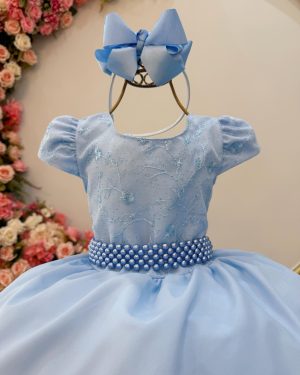 Vestido Infantil Azul Claro Busto C/ Renda Festas Daminhas