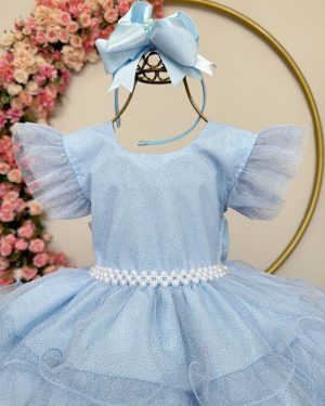 Vestido Infantil Azul Claro Saia C/ Babados e Glitter Daminhas