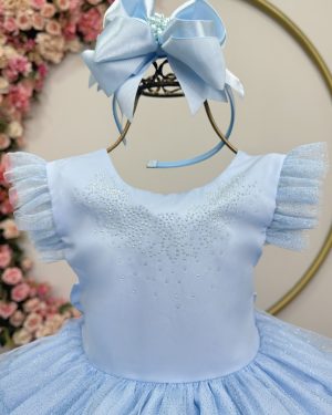 Vestido Infantil Azul Claro Busto C/ Strass Saia Babados Daminhas