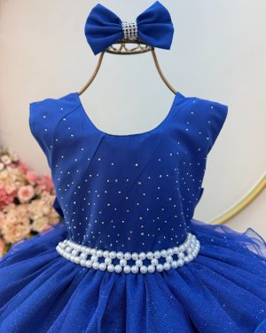 Vestido Infantil Azul Royal Saia C/ Babados e Glitter Daminha