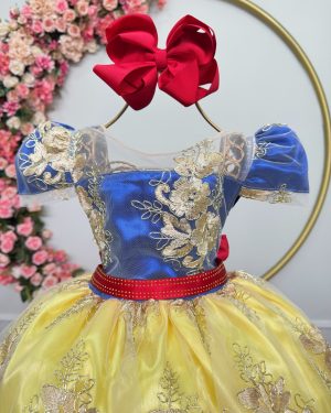 Vestido Infantil Branca de Neve Renda Metalizada Dourada