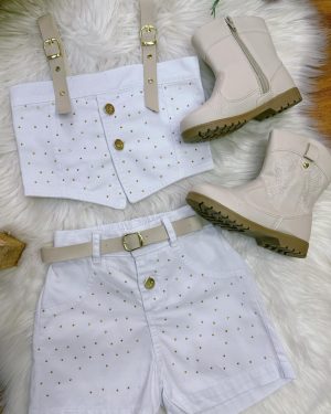 Conjunto Infantil Blusa e Short Sarja Branco Boiadeira Casual