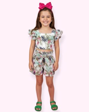 Conjunto Meninas Casual Cropped C/ Saia Florida Colorida