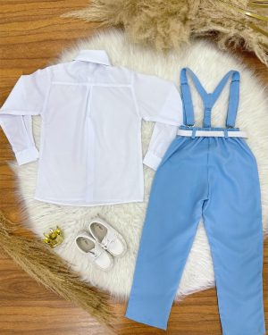 Conjunto Social Camisa Gravata Calça e Suspensório Azul Claro