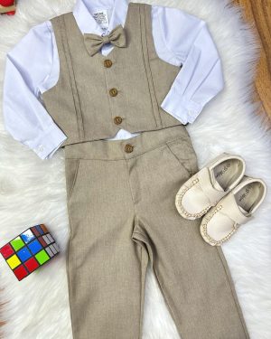 Conjunto Social Pajem Camisa Branca Calça e Colete Caqui