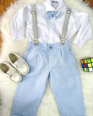Conjunto Social Pajem Camisa Branca Calça e Susp. Azul Claro