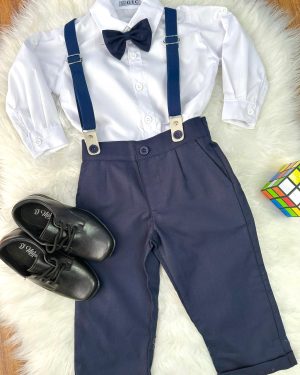 Conjunto Social Pajem Camisa Branca Calça e Susp. Azul Escuro