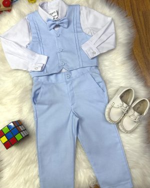 Conjunto Social Pajem Camisa Branca Calça e Colete Azul Claro