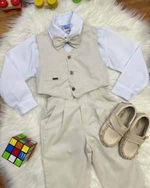 Conjunto Social Pajem Camisa Branca Calça Gravata e Colete Bege