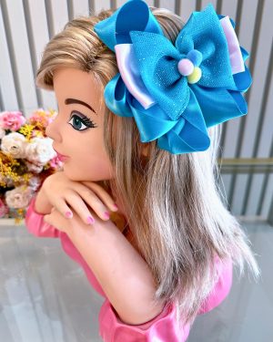 Laço Infantil Azul e Rosa com Pompons Festas Luxo