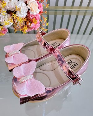 Sapatinho Infantil Rosa Metalizado C/ Aplique Borboleta Luxo