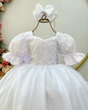 Vestido Infantil Branco Busto Bordado Daminhas Festas Luxo