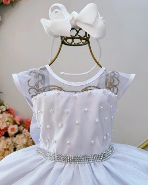 Vestido Infantil Branco com Pérolas Saia C/ Glitter Daminhas