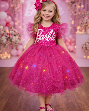 Vestido infantil da Barbie Pink Saia Com Leds Festas
