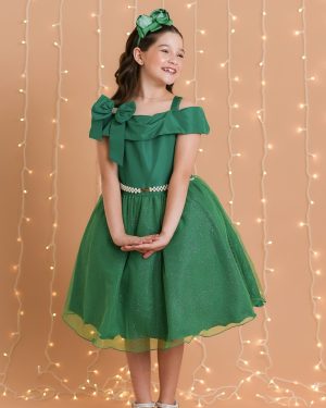 Vestido Infantil de Alça Verde Saia C/ Glitter e Broche Festas