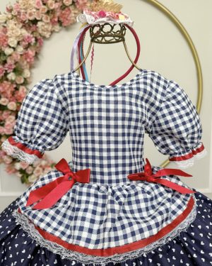 Vestido Infantil Junino Arraiá Azul Marinho Xadrez Laços