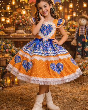 Vestido Infantil Junino Arraiá Laranja Colorido Luxo Festas
