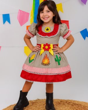 Vestido Infantil Junino Arraia Maria Bonita Colorido Festas