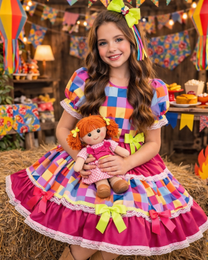 Vestido Infantil Junino Arraiá Pink Colorido Xadrez Laços