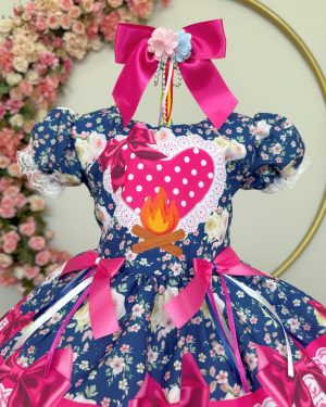 Vestido Infantil Junino Caipira Azul Marinho Colorido Florido
