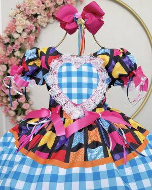Vestido Infantil Junino Caipira Azul Xadrez Colorido Luxo