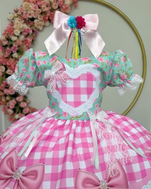 Vestido Infantil Junino Caipira Verde Florido Xadrez Luxo