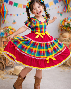 Vestido Infantil Junino Caipira Vermelho Xadrez Colorido Laços