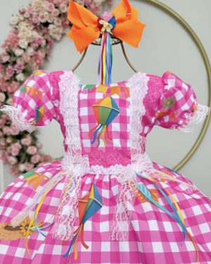Vestido Infantil Junino Caipira Xadrez Rosa Chiclete Luxo