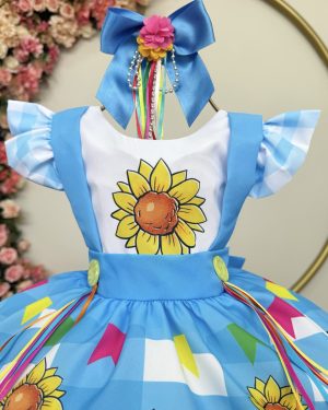 Vestido Infantil Junino Festas Azul Girassol Colorido