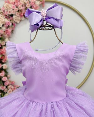 Vestido Infantil Lilás Busto C/ Strass Saia Babados Daminhas