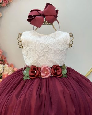 Vestido Infantil Longo Off White Saia Marsala Daminha Festas