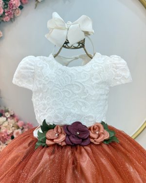 Vestido Infantil Longo Off White Saia Terracota Daminhas