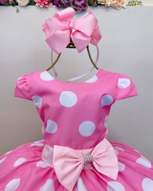 Vestido Infantil Minnie Rosa C/ Bolinhas Brancas Festas