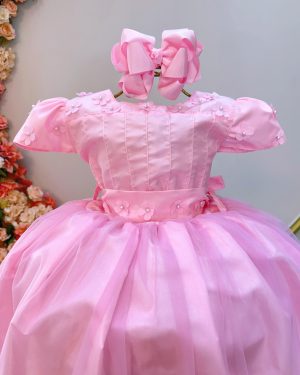 Vestido Infantil Longo Rosa Daminhas de Honra C/ Apliques