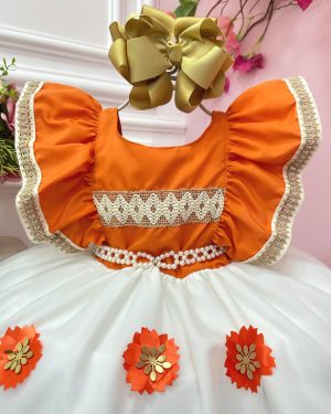 Vestido Infantil Moana Laranja Com Apliques de Flores Festas