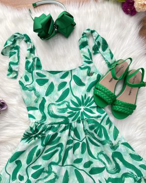 Vestido Infantil Primavera Verão Florido Verde Festas Casual