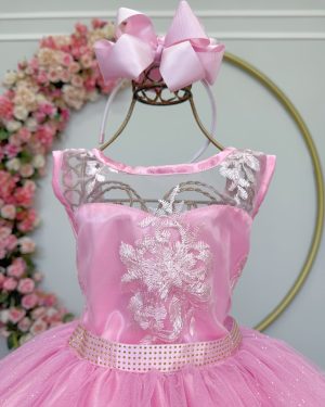 Vestido Infantil Rosa C/ Renda e Tule Glitter Daminha