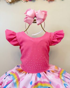 Vestido Infantil Rosa Chiclete Lilo Stitch e Angel Festas
